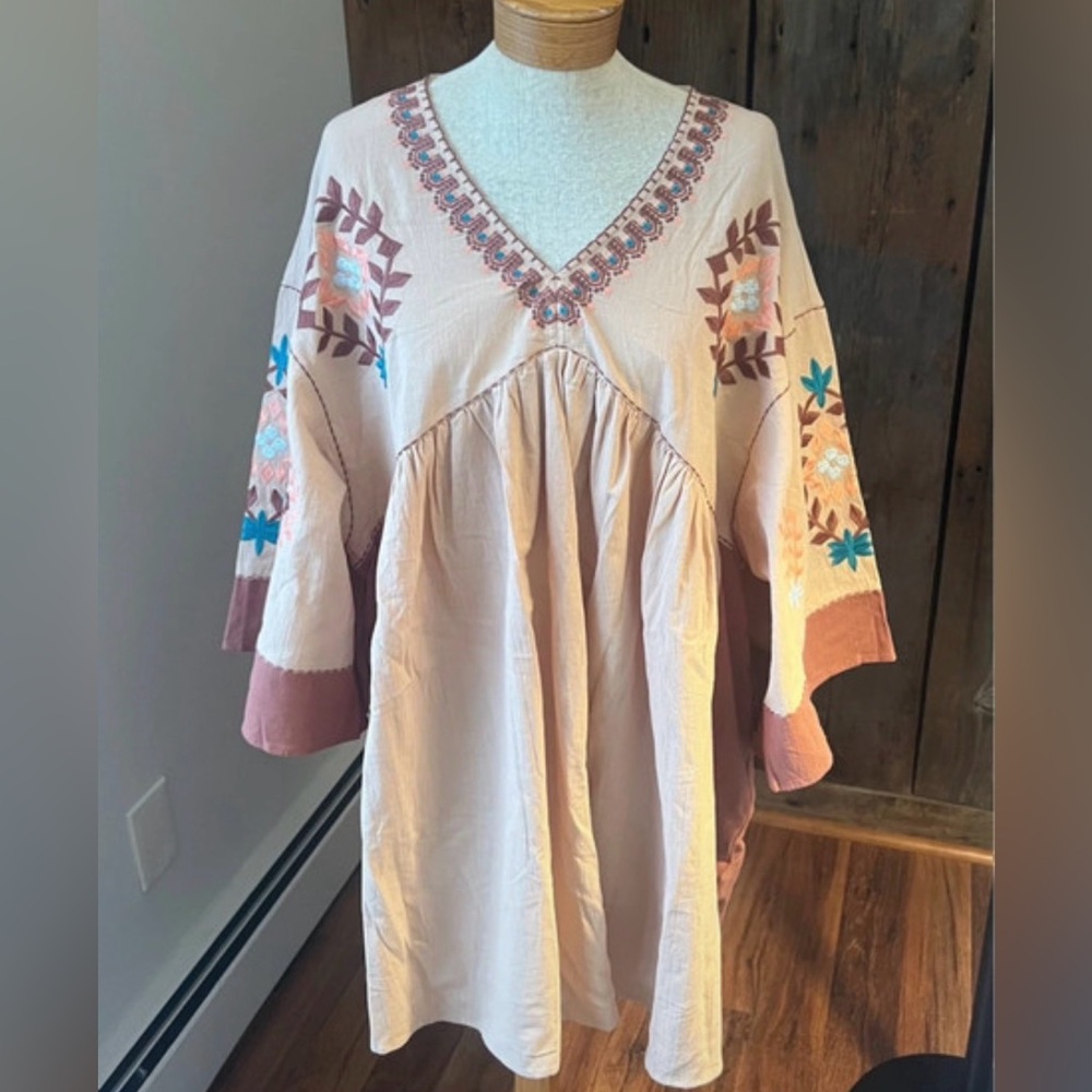 Embroidered V-Neck Boho Dress in Blush Pink